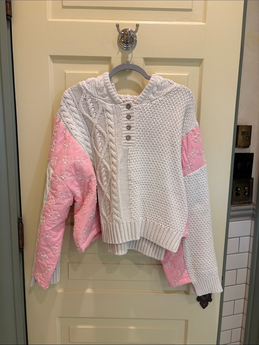 Chunky Knit Hooded Sweater with Pink Quilted Sleeve Accents
